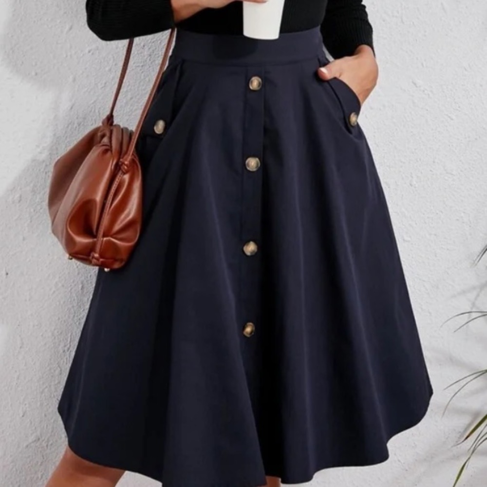 Classic Burnt Orange  Button Detail Pocket Midi Skirt Work - Picture 5 of 16